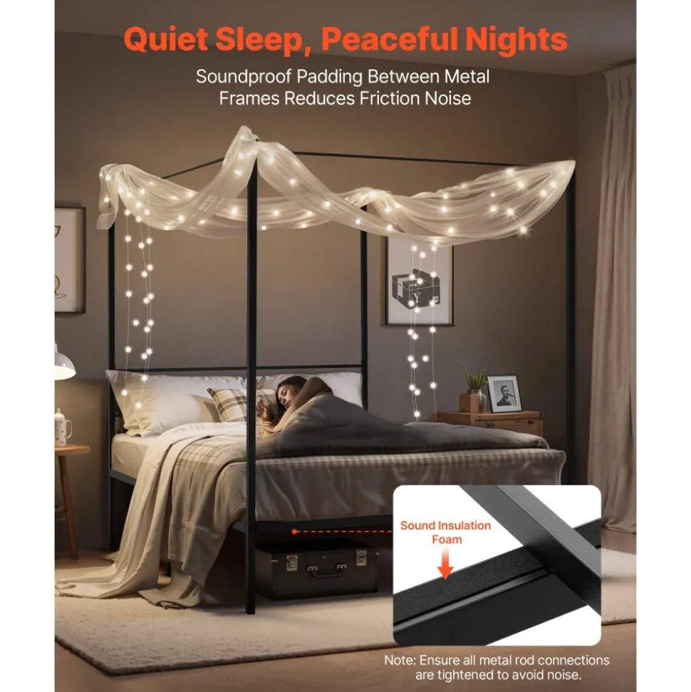 VEVOR Queen Size Canopy Bed Frame, Metal Canopy Bed with Four Posters Design, Heavy Duty Steel Slats Support, Underbed Storage Space, No Box Spring Needed, Easy Assembly, Black