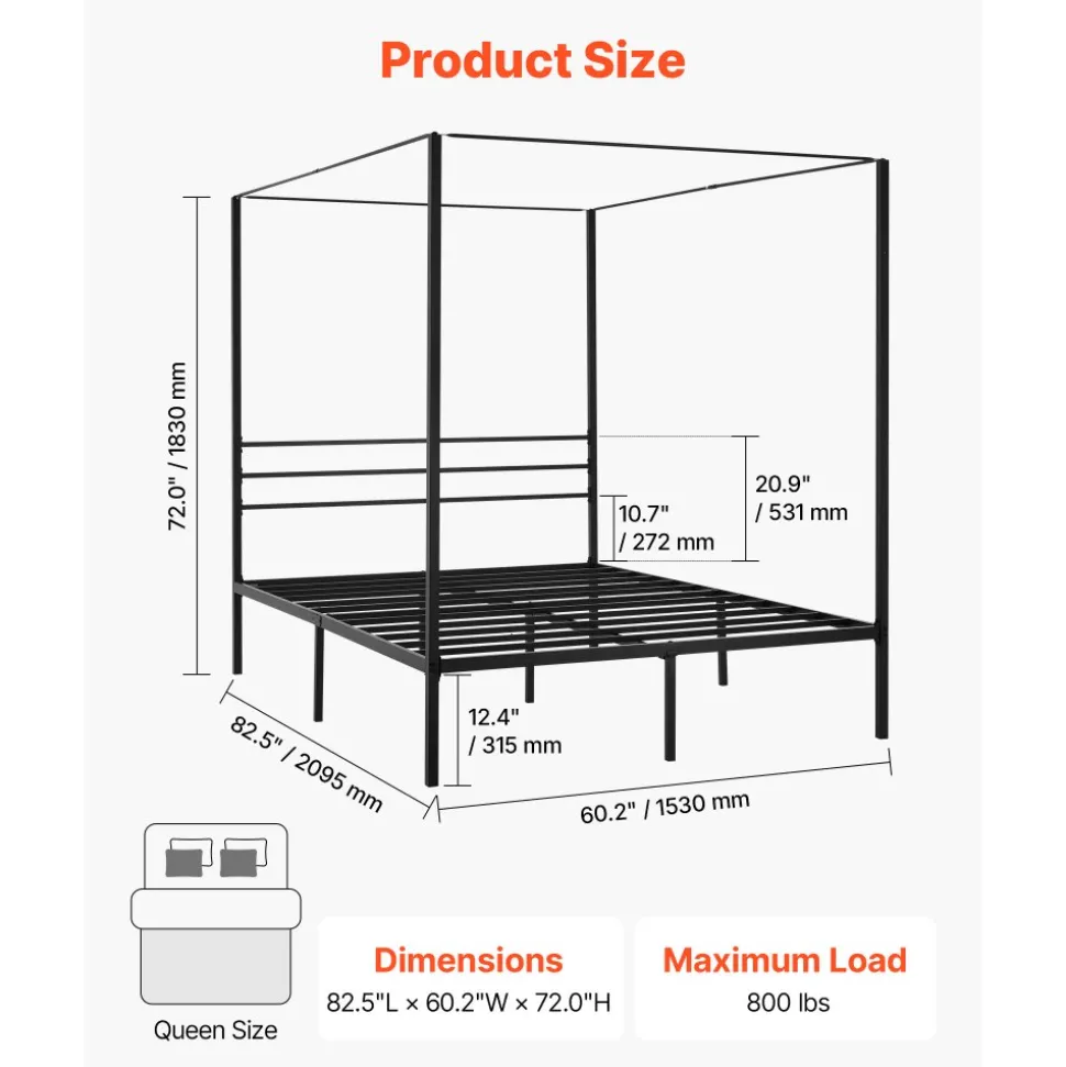 VEVOR Queen Size Canopy Bed Frame, Metal Canopy Bed with Four Posters Design, Heavy Duty Steel Slats Support, Underbed Storage Space, No Box Spring Needed, Easy Assembly, Black