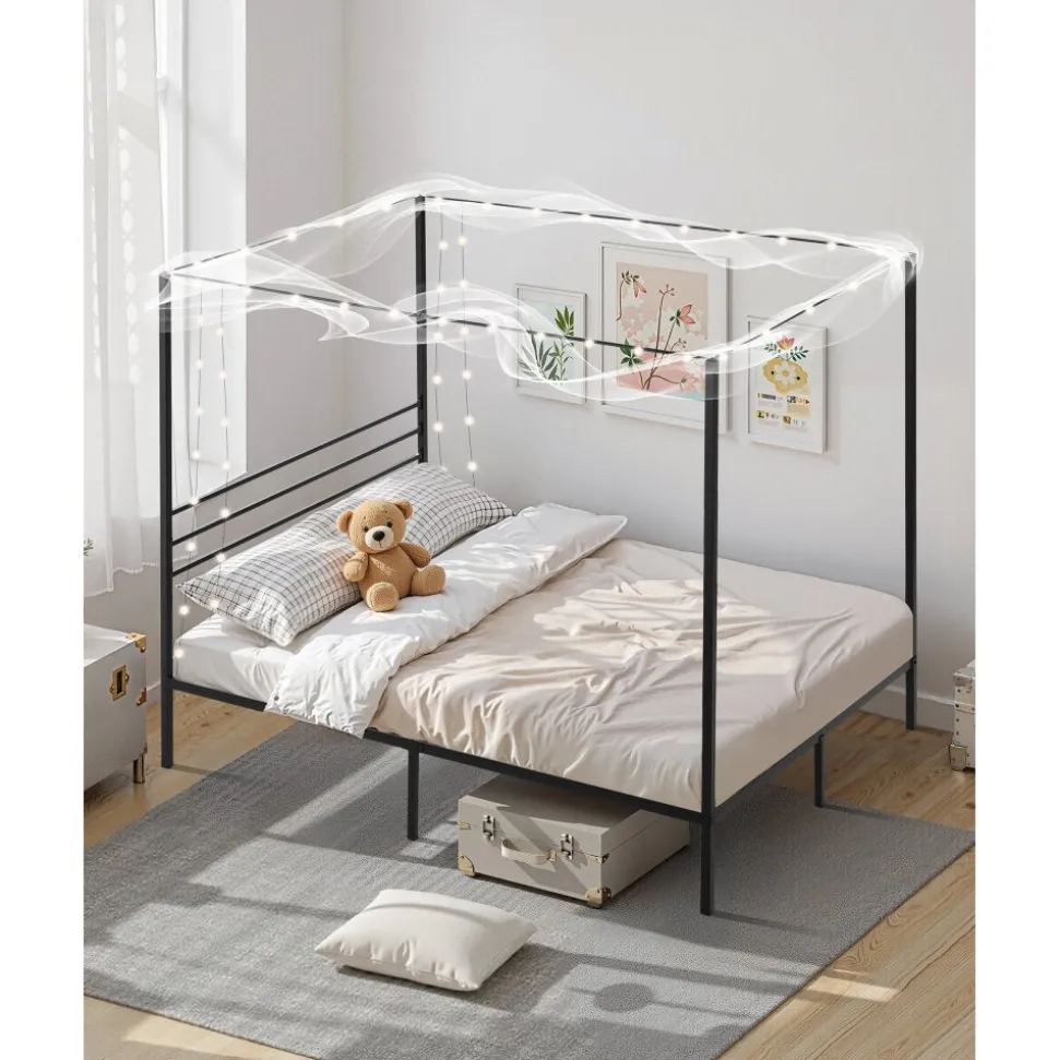 VEVOR Queen Size Canopy Bed Frame, Metal Canopy Bed with Four Posters Design, Heavy Duty Steel Slats Support, Underbed Storage Space, No Box Spring Needed, Easy Assembly, Black