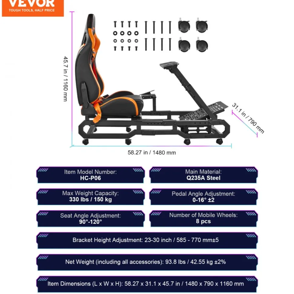 VEVOR Racing Wheel Stand with Wheels For Logitech G923/G920/G29, Heavy Duty Steel Driving Simulator Cockpit-Thrustmaster T248P, Steering Wheel Bracket & Foot Pedal Adjustable, Max Load 330 LBS