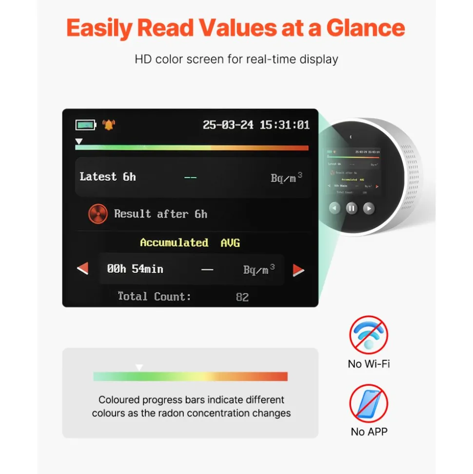 VEVOR Radon Air Quality Meter Detector for Home 3.3Bq/m³ to 37kBq/m³ Battery Powered