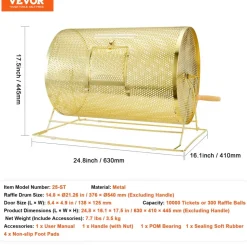 VEVOR Raffle Drum,Holds 10000 Tickets or 300 Ping Pong Balls, Metal Lottery Spinning Drawing with Wooden Turning Handle, 14.8 x Ø21.26 inch Brass Plated Raffle Ticket Spinning Cage, for Bingo Ballot