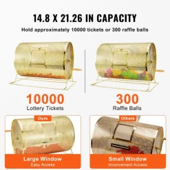 VEVOR Raffle Drum,Holds 10000 Tickets or 300 Ping Pong Balls, Metal Lottery Spinning Drawing with Wooden Turning Handle, 14.8 x Ø21.26 inch Brass Plated Raffle Ticket Spinning Cage, for Bingo Ballot