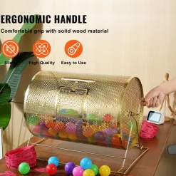 VEVOR Raffle Drum,Holds 10000 Tickets or 300 Ping Pong Balls, Metal Lottery Spinning Drawing with Wooden Turning Handle, 14.8 x Ø21.26 inch Brass Plated Raffle Ticket Spinning Cage, for Bingo Ballot