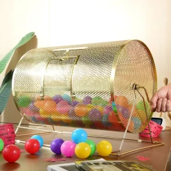 VEVOR Raffle Drum,Holds 10000 Tickets or 300 Ping Pong Balls, Metal Lottery Spinning Drawing with Wooden Turning Handle, 14.8 x Ø21.26 inch Brass Plated Raffle Ticket Spinning Cage, for Bingo Ballot
