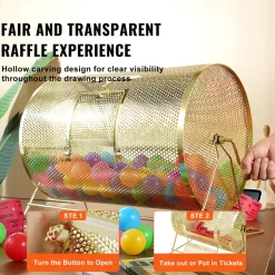 VEVOR Raffle Drum,Holds 10000 Tickets or 300 Ping Pong Balls, Metal Lottery Spinning Drawing with Wooden Turning Handle, 14.8 x Ø21.26 inch Brass Plated Raffle Ticket Spinning Cage, for Bingo Ballot