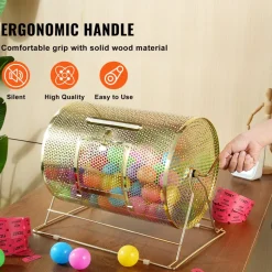 VEVOR Raffle Drum, Holds 5000 Tickets or 200 Ping Pong Balls, Metal Lottery Spinning Drawing with Wooden Turning Handle,16.1 x Ø12 inch Brass Plated Raffle Ticket Spinning Cage, for Bingo Ballot Part