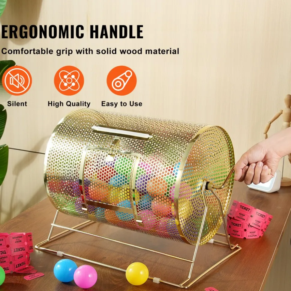 VEVOR Raffle Drum, Holds 5000 Tickets or 200 Ping Pong Balls, Metal Lottery Spinning Drawing with Wooden Turning Handle,16.1 x Ø12 inch Brass Plated Raffle Ticket Spinning Cage, for Bingo Ballot Part
