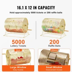 VEVOR Raffle Drum, Holds 5000 Tickets or 200 Ping Pong Balls, Metal Lottery Spinning Drawing with Wooden Turning Handle,16.1 x Ø12 inch Brass Plated Raffle Ticket Spinning Cage, for Bingo Ballot Part