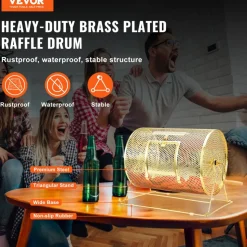 VEVOR Raffle Drum, Holds 5000 Tickets or 200 Ping Pong Balls, Metal Lottery Spinning Drawing with Wooden Turning Handle,16.1 x Ø12 inch Brass Plated Raffle Ticket Spinning Cage, for Bingo Ballot Part