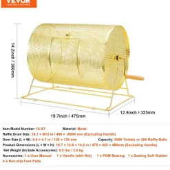 VEVOR Raffle Drum, Holds 5000 Tickets or 200 Ping Pong Balls, Metal Lottery Spinning Drawing with Wooden Turning Handle,16.1 x Ø12 inch Brass Plated Raffle Ticket Spinning Cage, for Bingo Ballot Part