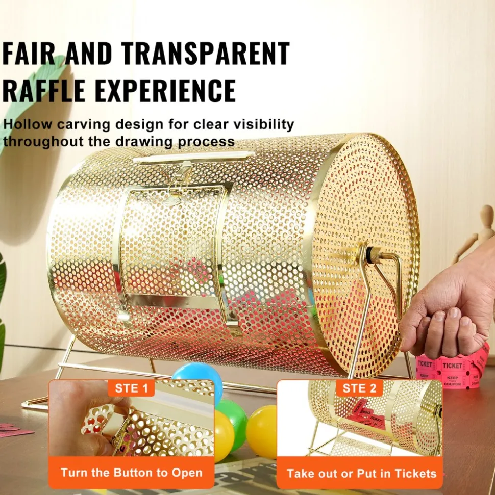 VEVOR Raffle Drum, Holds 5000 Tickets or 200 Ping Pong Balls, Metal Lottery Spinning Drawing with Wooden Turning Handle,16.1 x Ø12 inch Brass Plated Raffle Ticket Spinning Cage, for Bingo Ballot Part