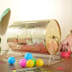VEVOR Raffle Drum, Holds 5000 Tickets or 200 Ping Pong Balls, Metal Lottery Spinning Drawing with Wooden Turning Handle,16.1 x Ø12 inch Brass Plated Raffle Ticket Spinning Cage, for Bingo Ballot Part