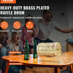 VEVOR Raffle Drum,Holds 2500 Tickets or 100 Ping Pong Balls, Metal Lottery Spinning Drawing with Wooden Turning Handle,11.6 x Ø7.48 inch Brass Plated Raffle Ticket Spinning Cage, for Bingo Ballot Pa