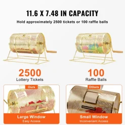 VEVOR Raffle Drum,Holds 2500 Tickets or 100 Ping Pong Balls, Metal Lottery Spinning Drawing with Wooden Turning Handle,11.6 x Ø7.48 inch Brass Plated Raffle Ticket Spinning Cage, for Bingo Ballot Pa