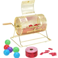 VEVOR Raffle Drum,Holds 2500 Tickets or 100 Ping Pong Balls, Metal Lottery Spinning Drawing with Wooden Turning Handle,11.6 x Ø7.48 inch Brass Plated Raffle Ticket Spinning Cage, for Bingo Ballot Pa