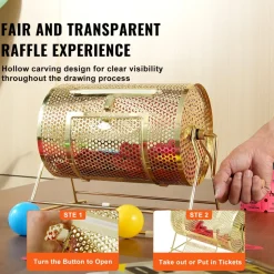 VEVOR Raffle Drum,Holds 2500 Tickets or 100 Ping Pong Balls, Metal Lottery Spinning Drawing with Wooden Turning Handle,11.6 x Ø7.48 inch Brass Plated Raffle Ticket Spinning Cage, for Bingo Ballot Pa