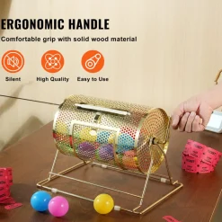 VEVOR Raffle Drum,Holds 2500 Tickets or 100 Ping Pong Balls, Metal Lottery Spinning Drawing with Wooden Turning Handle,11.6 x Ø7.48 inch Brass Plated Raffle Ticket Spinning Cage, for Bingo Ballot Pa