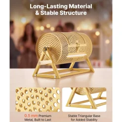 VEVOR Raffle Ticket Spinner, 11.6" x 6.6" Holds 2500 Tickets or 100 Ping Pong Balls, Raffle Drum Lottery Spinning Cage with Reinforced Handle, Stable Triangular Stand, for Events and Gatherings, Gold
