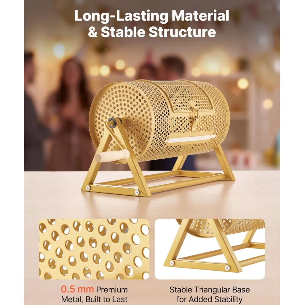 VEVOR Raffle Ticket Spinner, 11.6" x 6.6" Holds 2500 Tickets or 100 Ping Pong Balls, Raffle Drum Lottery Spinning Cage with Reinforced Handle, Stable Triangular Stand, for Events and Gatherings, Gold