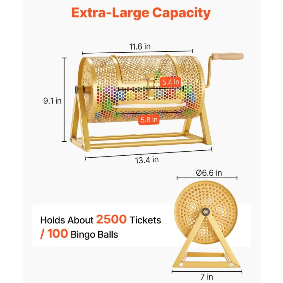 VEVOR Raffle Ticket Spinner, 11.6" x 6.6" Holds 2500 Tickets or 100 Ping Pong Balls, Raffle Drum Lottery Spinning Cage with Reinforced Handle, Stable Triangular Stand, for Events and Gatherings, Gold