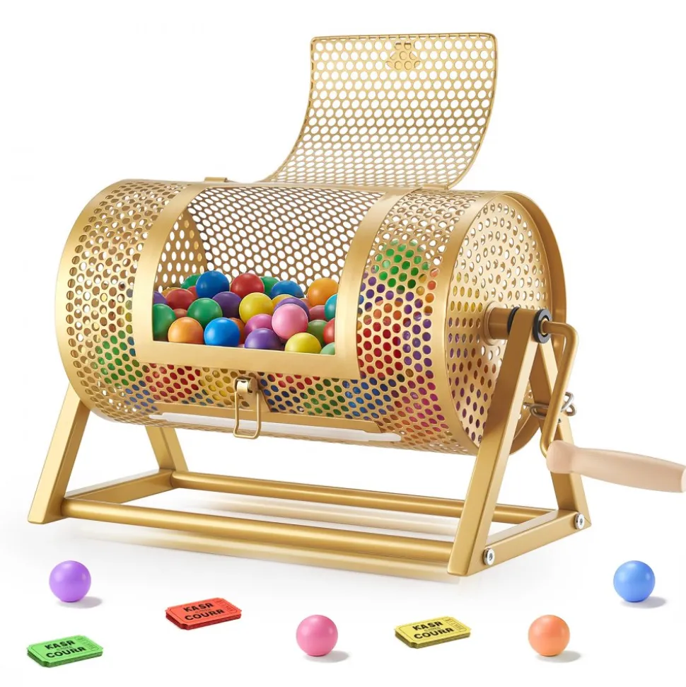 VEVOR Raffle Ticket Spinner, 11.6" x 6.6" Holds 2500 Tickets or 100 Ping Pong Balls, Raffle Drum Lottery Spinning Cage with Reinforced Handle, Stable Triangular Stand, for Events and Gatherings, Gold