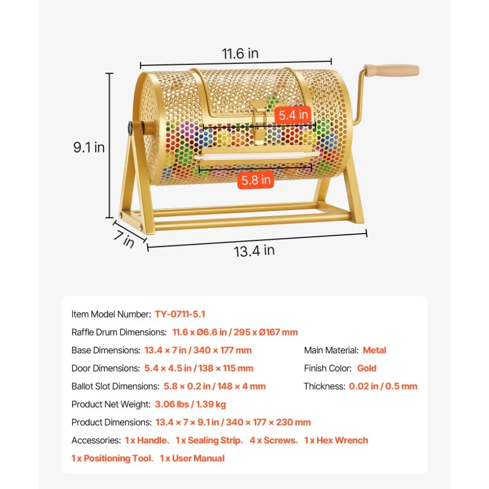 VEVOR Raffle Ticket Spinner, 11.6" x 6.6" Holds 2500 Tickets or 100 Ping Pong Balls, Raffle Drum Lottery Spinning Cage with Reinforced Handle, Stable Triangular Stand, for Events and Gatherings, Gold
