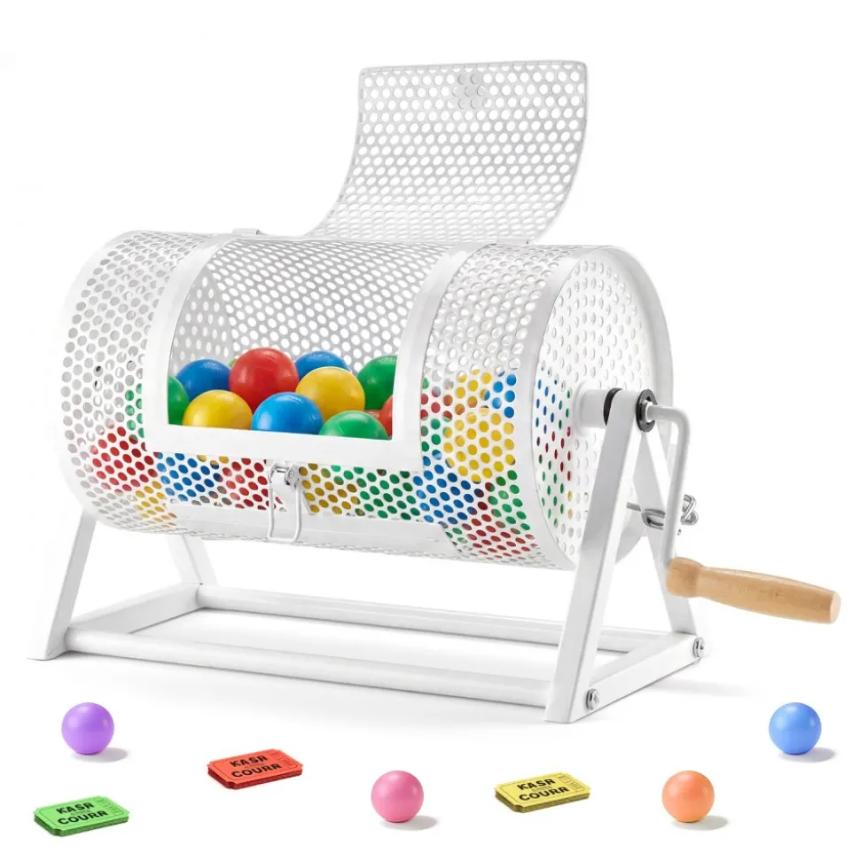 VEVOR Raffle Ticket Spinner, 11.6" x 6.6" Holds 2500 Tickets or 100 Ping Pong Balls, Raffle Drum Lottery Spinning Cage with Reinforced Handle, Stable Triangular Stand, for Events and Gatherings, White