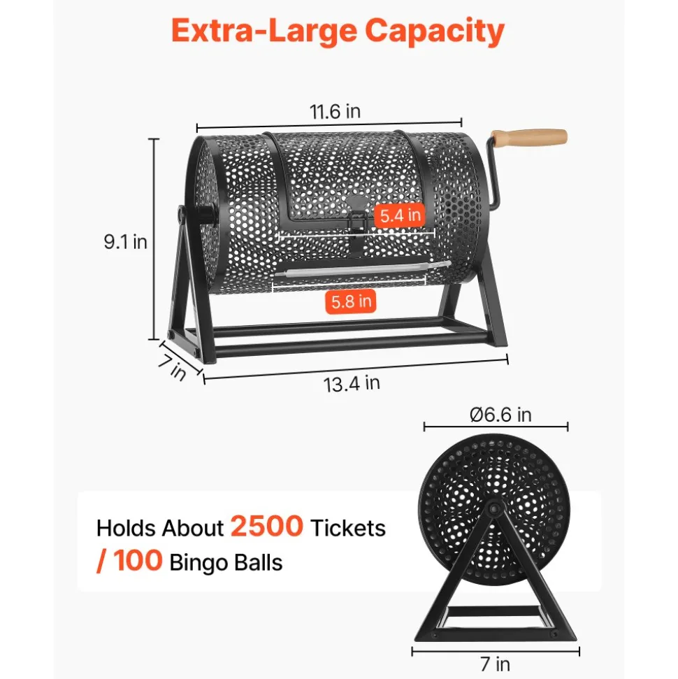 VEVOR Raffle Ticket Spinner, 11.6" x 6.6" Holds 2500 Tickets or 100 Ping Pong Balls, Raffle Drum Lottery Spinning Cage with Reinforced Handle, Stable Triangular Stand, for Events and Gatherings, Black