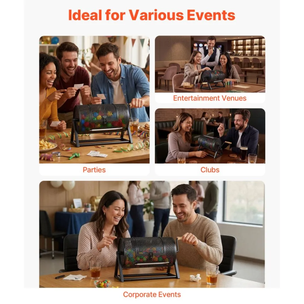 VEVOR Raffle Ticket Spinner, 11.6" x 6.6" Holds 2500 Tickets or 100 Ping Pong Balls, Raffle Drum Lottery Spinning Cage with Reinforced Handle, Stable Triangular Stand, for Events and Gatherings, Black