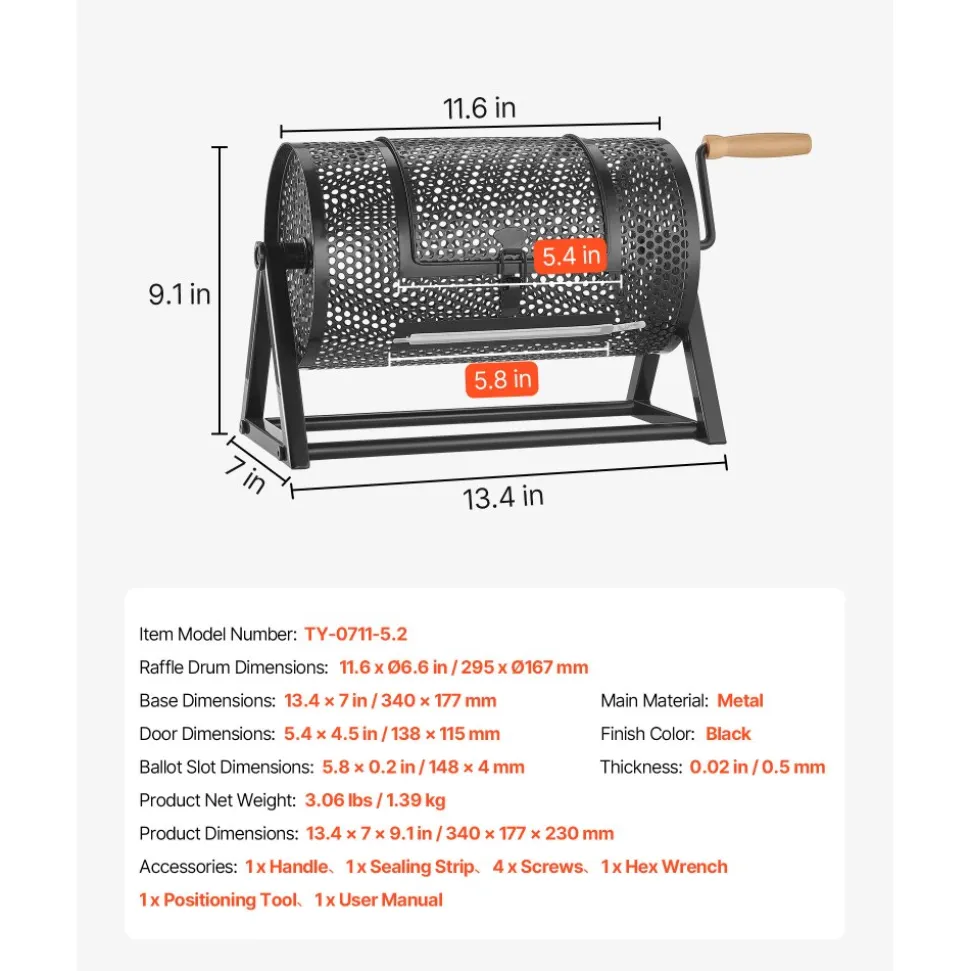 VEVOR Raffle Ticket Spinner, 11.6" x 6.6" Holds 2500 Tickets or 100 Ping Pong Balls, Raffle Drum Lottery Spinning Cage with Reinforced Handle, Stable Triangular Stand, for Events and Gatherings, Black