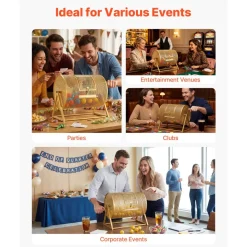 VEVOR Raffle Ticket Spinner, 16.1" x 11.9" Holds 5000 Tickets or 200 Ping Pong Balls, Raffle Drum Lottery Spinning Cage with Reinforced Handle, Stable Triangular Stand, for Events and Gatherings, Gold