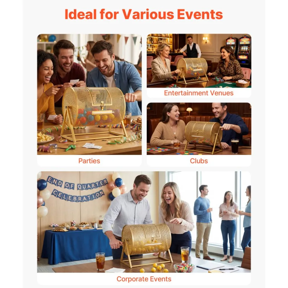 VEVOR Raffle Ticket Spinner, 16.1" x 11.9" Holds 5000 Tickets or 200 Ping Pong Balls, Raffle Drum Lottery Spinning Cage with Reinforced Handle, Stable Triangular Stand, for Events and Gatherings, Gold