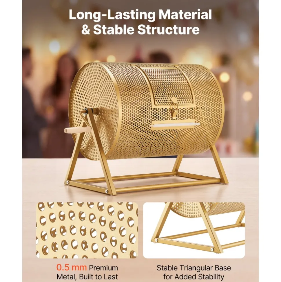 VEVOR Raffle Ticket Spinner, 16.1" x 11.9" Holds 5000 Tickets or 200 Ping Pong Balls, Raffle Drum Lottery Spinning Cage with Reinforced Handle, Stable Triangular Stand, for Events and Gatherings, Gold