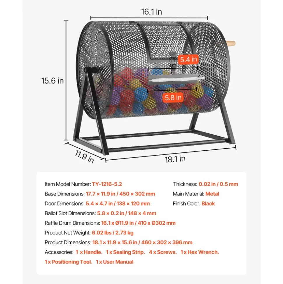 VEVOR Raffle Ticket Spinner, 16.1" x 11.9" Holds 5000 Tickets or 200 Ping Pong Balls, Raffle Drum Lottery Spinning Cage with Reinforced Handle, Stable Triangular Stand, for Events, Gatherings, Black