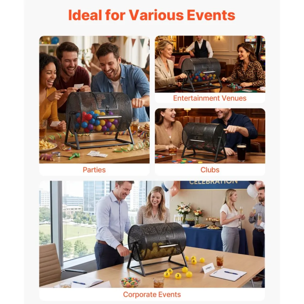 VEVOR Raffle Ticket Spinner, 16.1" x 11.9" Holds 5000 Tickets or 200 Ping Pong Balls, Raffle Drum Lottery Spinning Cage with Reinforced Handle, Stable Triangular Stand, for Events, Gatherings, Black