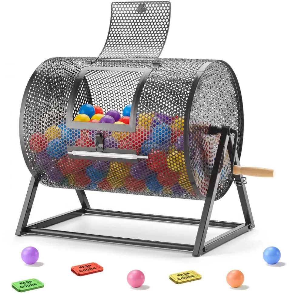VEVOR Raffle Ticket Spinner, 16.1" x 11.9" Holds 5000 Tickets or 200 Ping Pong Balls, Raffle Drum Lottery Spinning Cage with Reinforced Handle, Stable Triangular Stand, for Events, Gatherings, Black