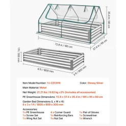 VEVOR Raised Garden Bed with Cover, 6 x 3 x 1 ft, Rectangular Galvanized Metal Planter Box Kit Outdoor, with PE Greenhouse Cover & Gloves, Rustproof Alu-Zinc, for Growing Flowers Vegetables, Silver
