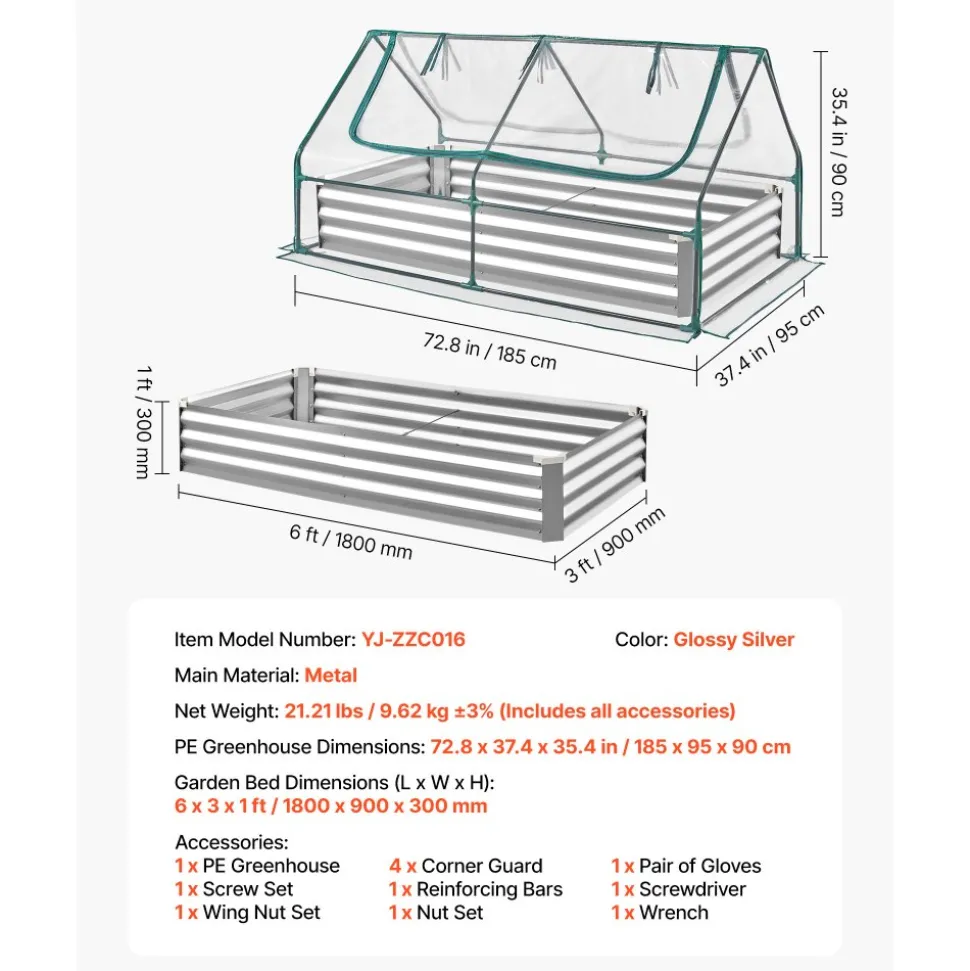 VEVOR Raised Garden Bed with Cover, 6 x 3 x 1 ft, Rectangular Galvanized Metal Planter Box Kit Outdoor, with PE Greenhouse Cover & Gloves, Rustproof Alu-Zinc, for Growing Flowers Vegetables, Silver