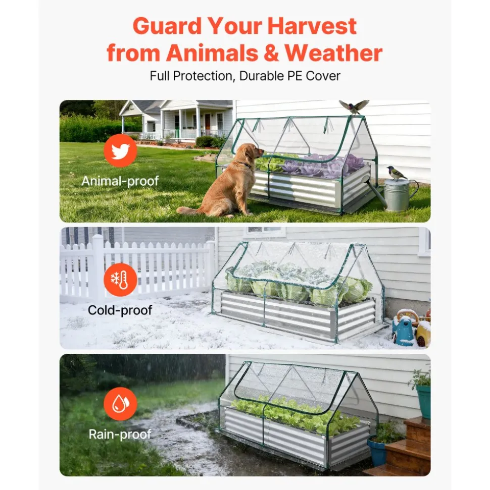 VEVOR Raised Garden Bed with Cover, 6 x 3 x 1 ft, Rectangular Galvanized Metal Planter Box Kit Outdoor, with PE Greenhouse Cover & Gloves, Rustproof Alu-Zinc, for Growing Flowers Vegetables, Silver