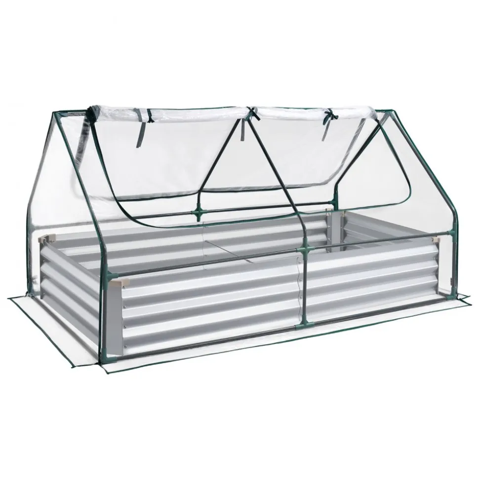 VEVOR Raised Garden Bed with Cover, 6 x 3 x 1 ft, Rectangular Galvanized Metal Planter Box Kit Outdoor, with PE Greenhouse Cover & Gloves, Rustproof Alu-Zinc, for Growing Flowers Vegetables, Silver