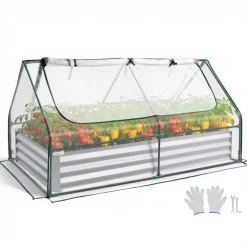 VEVOR Raised Garden Bed with Cover, 6 x 3 x 1 ft, Rectangular Galvanized Metal Planter Box Kit Outdoor, with PE Greenhouse Cover & Gloves, Rustproof Alu-Zinc, for Growing Flowers Vegetables, Silver
