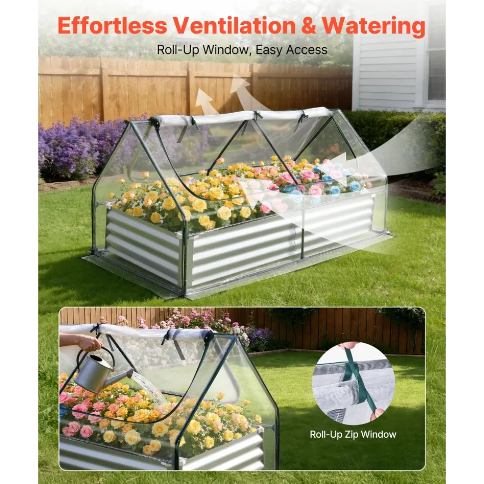 VEVOR Raised Garden Bed with Cover, 6 x 3 x 1 ft, Rectangular Galvanized Metal Planter Box Kit Outdoor, with PE Greenhouse Cover & Gloves, Rustproof Alu-Zinc, for Growing Flowers Vegetables, Silver