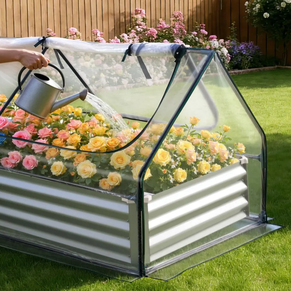 VEVOR Raised Garden Bed with Cover, 6 x 3 x 1 ft, Rectangular Galvanized Metal Planter Box Kit Outdoor, with PE Greenhouse Cover & Gloves, Rustproof Alu-Zinc, for Growing Flowers Vegetables, Silver