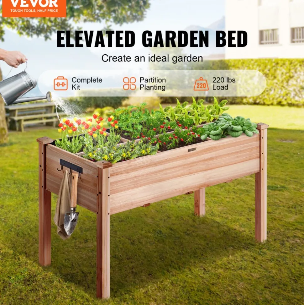 VEVOR Raised Garden Bed, 3.9 x 1.9 x 2.5 ft Wooden Planter Box, Elevated Outdoor Planting Boxes with Legs, for Growing Flowers/Vegetables/Herbs in Backyard/Garden/Patio/Balcony, Burlywood