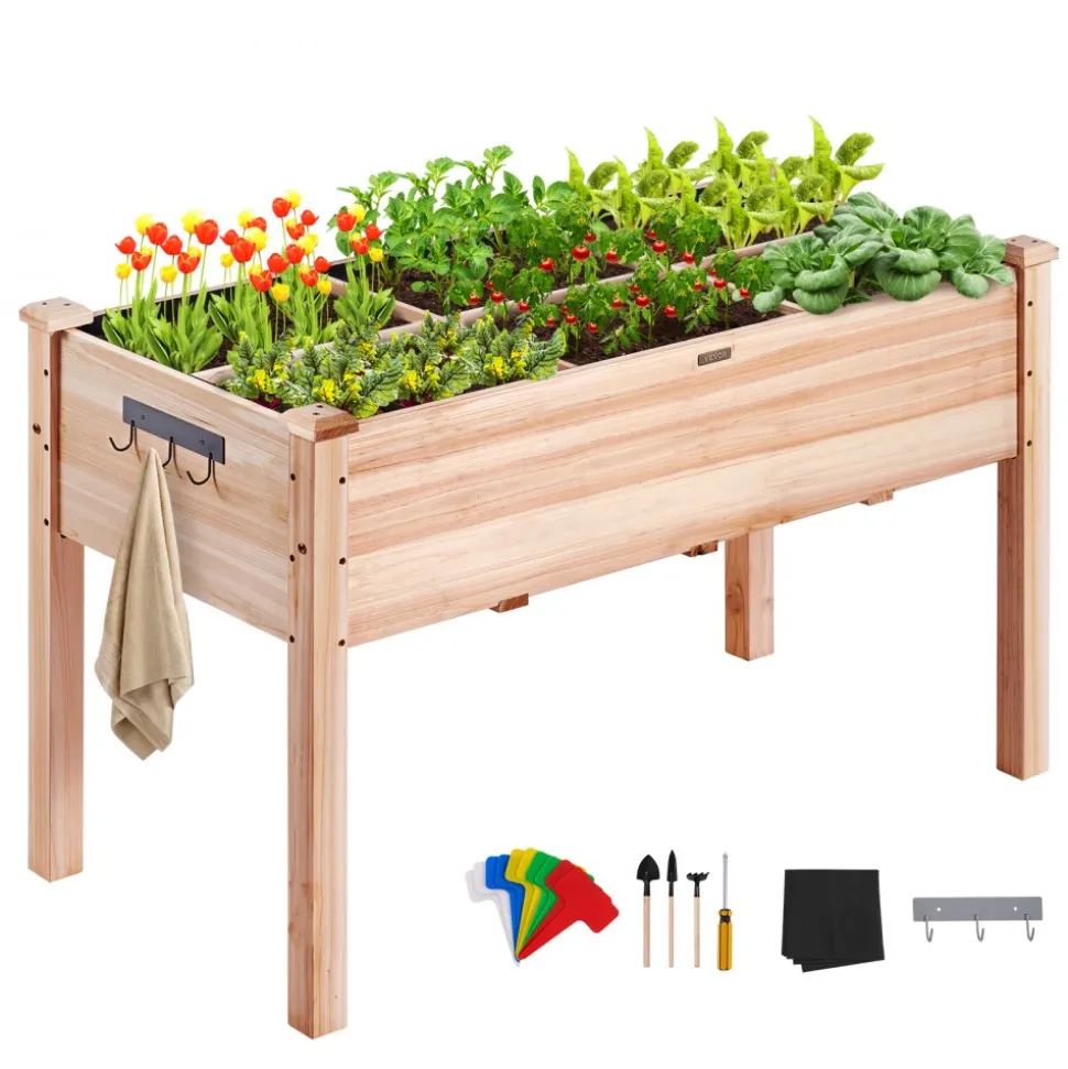 VEVOR Raised Garden Bed, 3.9 x 1.9 x 2.5 ft Wooden Planter Box, Elevated Outdoor Planting Boxes with Legs, for Growing Flowers/Vegetables/Herbs in Backyard/Garden/Patio/Balcony, Burlywood