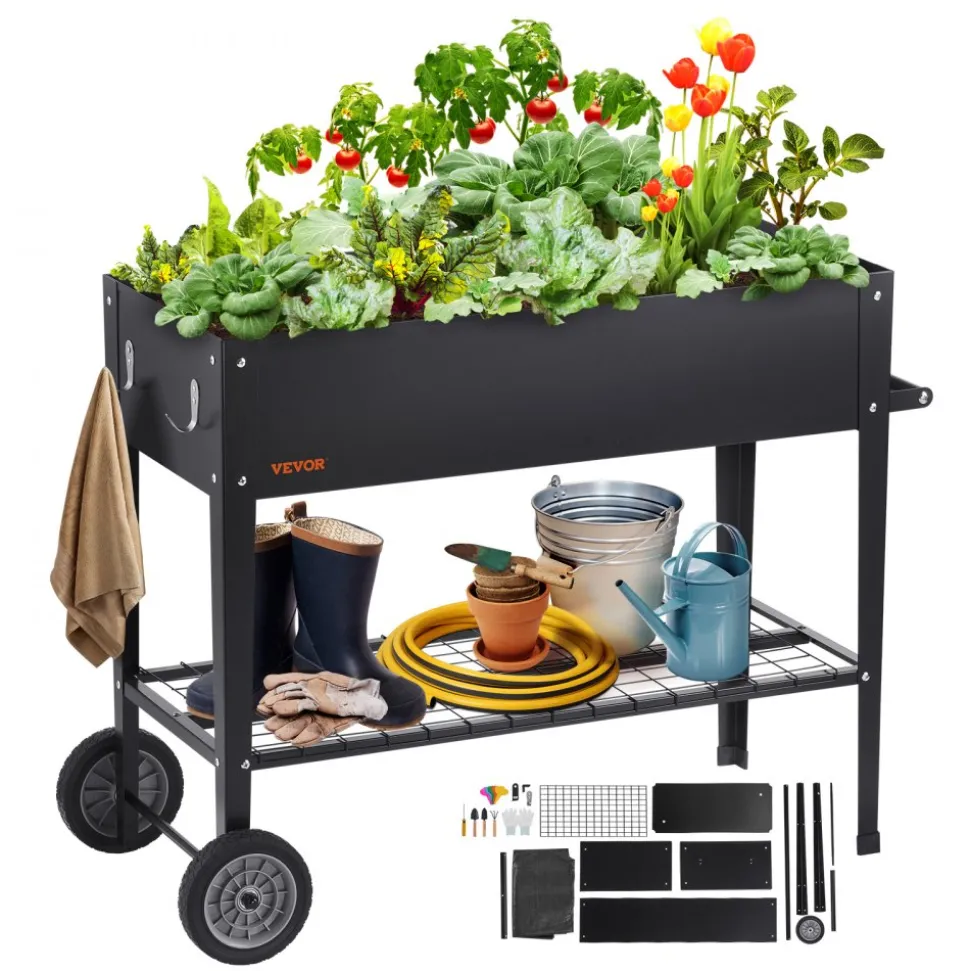 VEVOR Raised Garden Bed, 42.5 x 19.5 x 31.5 inch Galvanized Metal Planter Box, Elevated Outdoor Planting Boxes with Legs, for Growing Flowers/Vegetables/Herbs in Backyard/Garden/Patio/Balcony, Black
