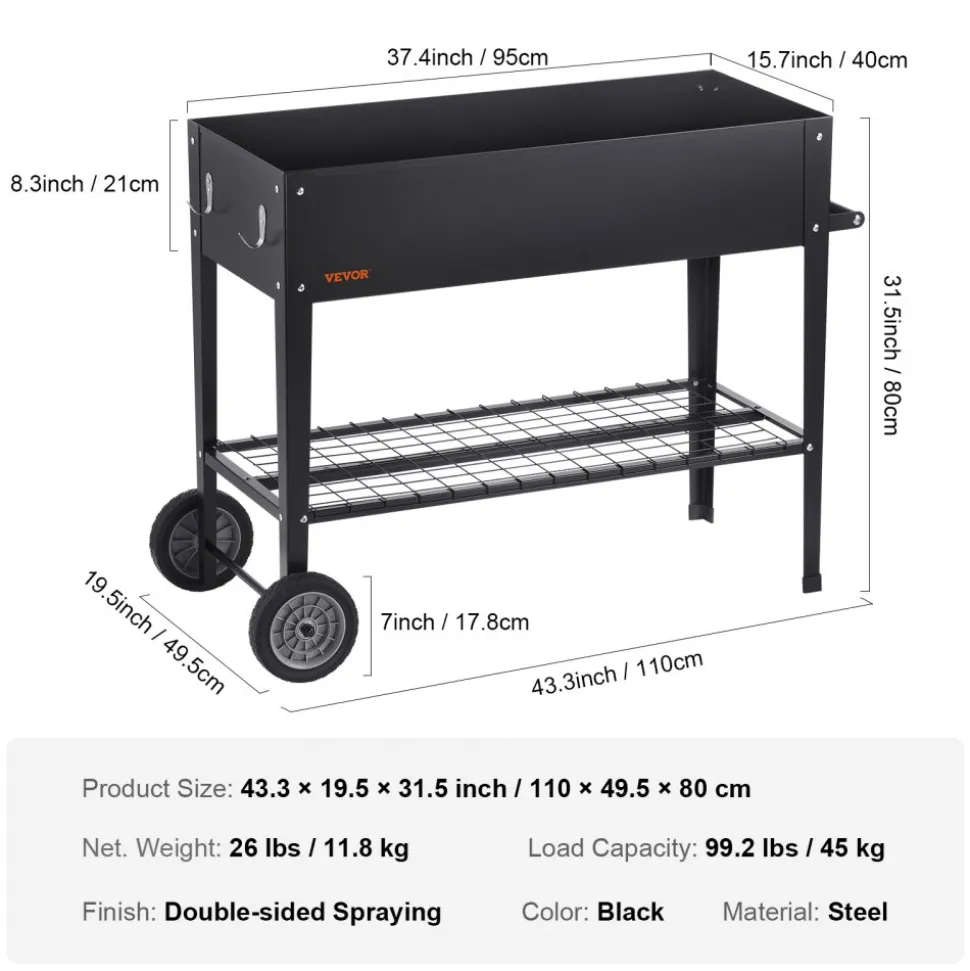 VEVOR Raised Garden Bed, 42.5 x 19.5 x 31.5 inch Galvanized Metal Planter Box, Elevated Outdoor Planting Boxes with Legs, for Growing Flowers/Vegetables/Herbs in Backyard/Garden/Patio/Balcony, Black