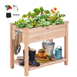 VEVOR Raised Garden Bed, 34 x 18 x 30 in Wooden Planter Box, Elevated Outdoor Planting Boxes with Legs, for Growing Flowers/Vegetables/Herbs in Backyard/Garden/Patio/Balcony, Burlywood