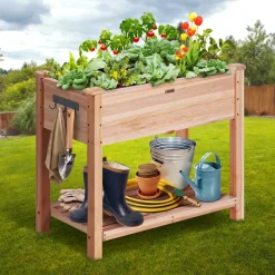 VEVOR Raised Garden Bed, 34 x 18 x 30 in Wooden Planter Box, Elevated Outdoor Planting Boxes with Legs, for Growing Flowers/Vegetables/Herbs in Backyard/Garden/Patio/Balcony, Burlywood